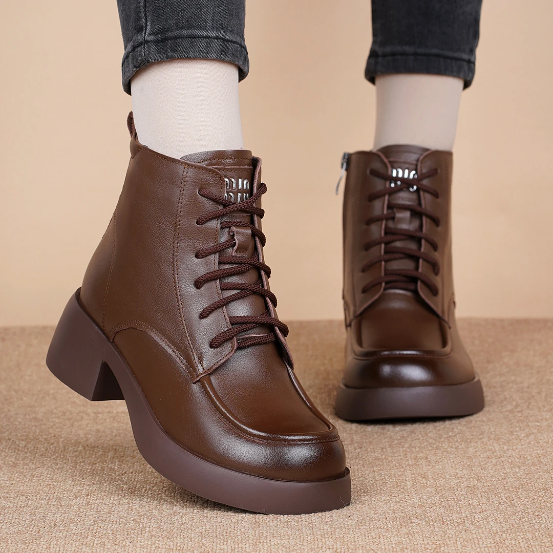 学院风百搭马丁靴圆头系带超轻厚底侧拉链头层牛皮气质瘦瘦短靴女