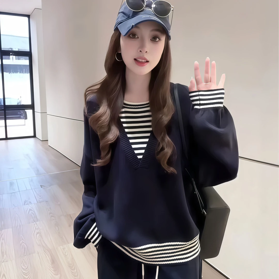 独特漂亮小衫韩系小众设计感针织大码胖mm假两件时尚条纹上衣女