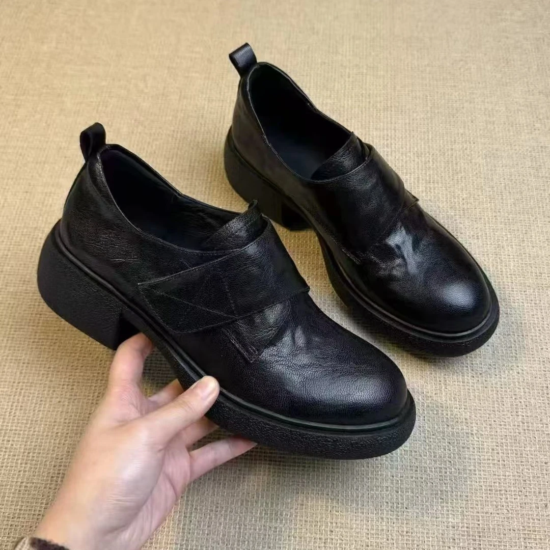 牛皮版魔术贴运动轮胎底乐福鞋女粗跟英伦风小皮鞋女真皮复古厚底