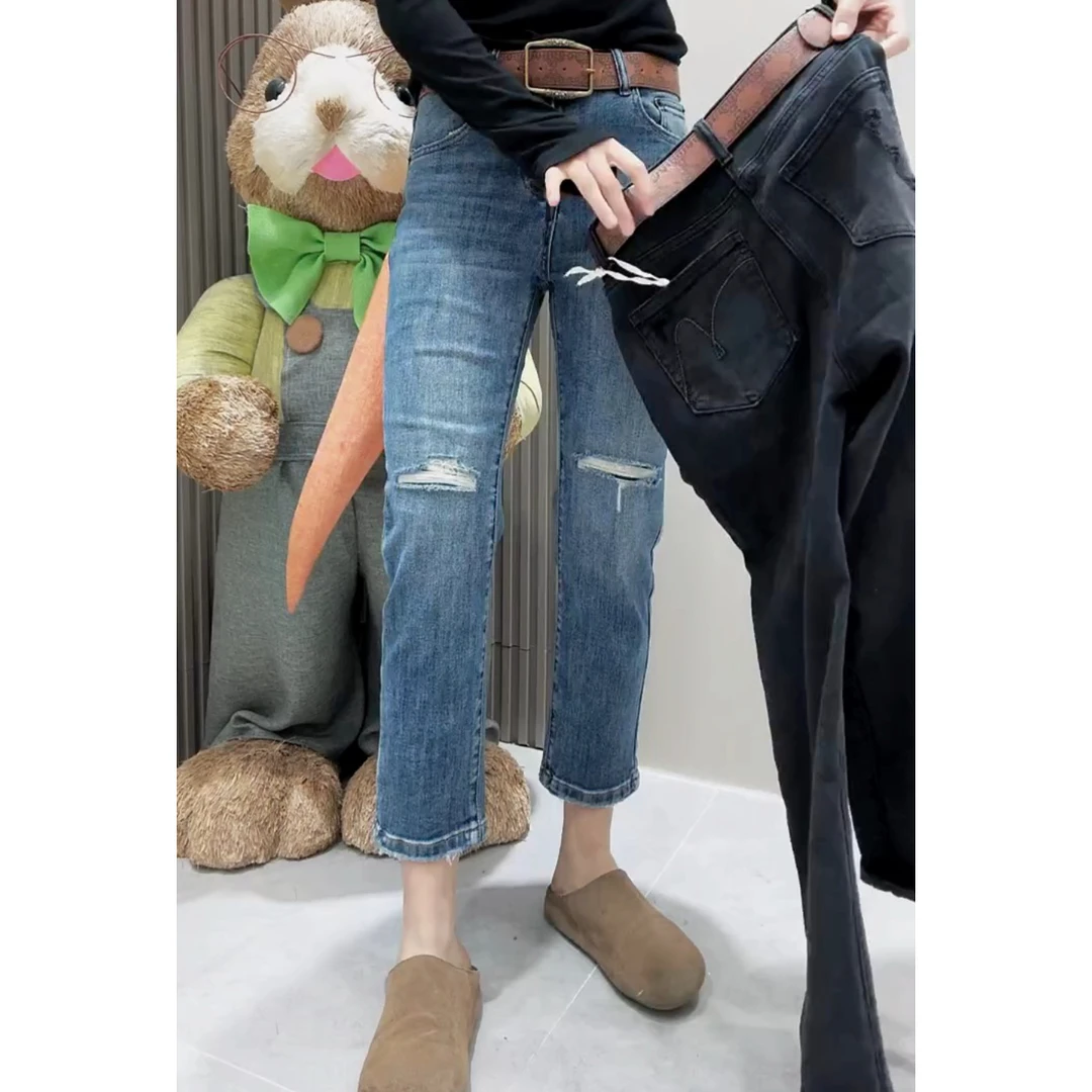 萱贝纯2025早秋新款高腰显瘦直筒破洞时尚牛仔裤女八分弹力烟管裤