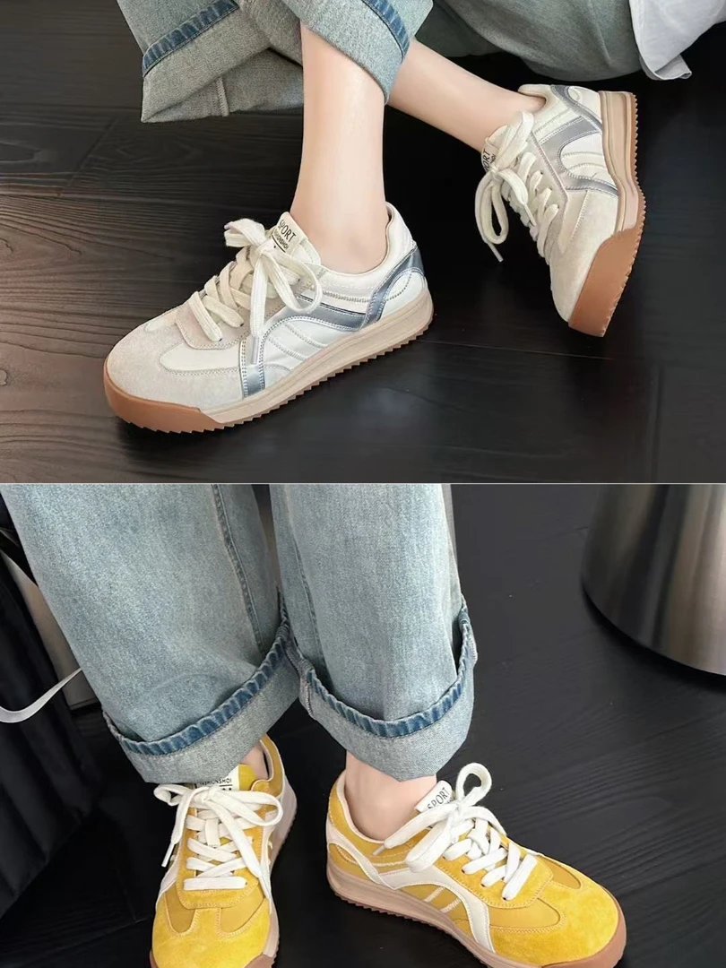 8637真皮德训鞋女2025年夏新款圆头系带拼色板鞋百搭休闲阿甘鞋