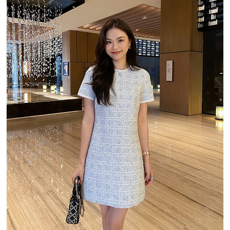 【琳媚】“连衣裙”名媛气质千金风粗花呢短袖连衣裙女