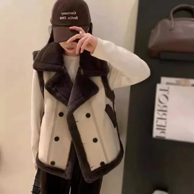 2025秋冬加厚毛毛马甲女装拼色冬季中性风马甲马夹嘻哈风女保暖