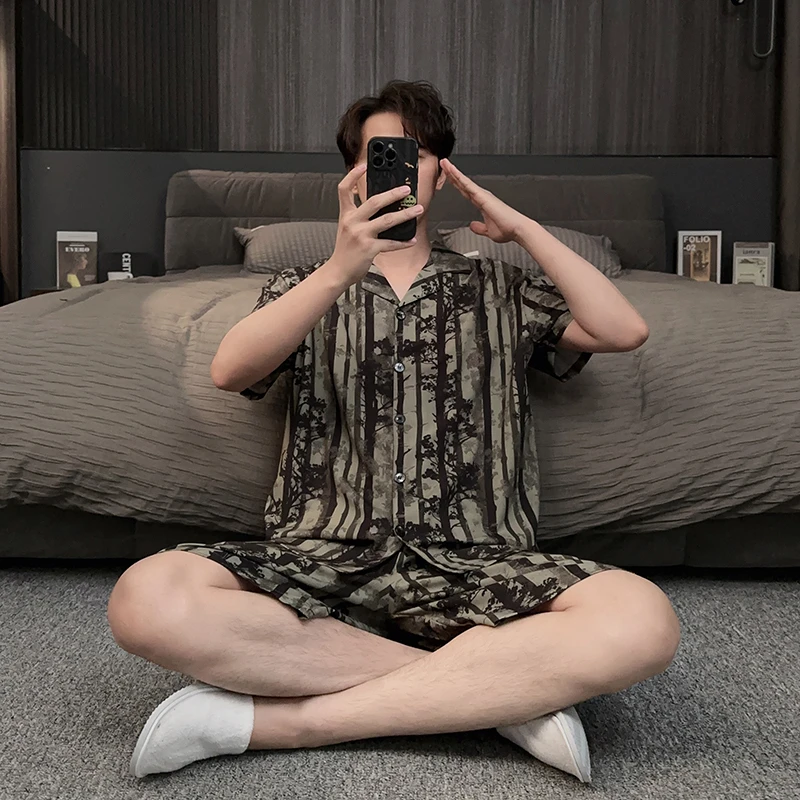 冰丝睡衣男款夏天薄款国风短袖短裤可外穿时尚度假家居服夏季套装