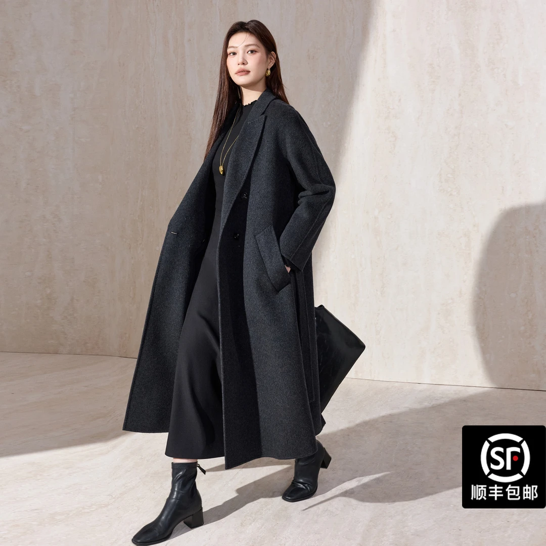 蓝语大码女装山羊绒毛呢子大衣2025秋冬双排扣长款双面呢羊毛外套
