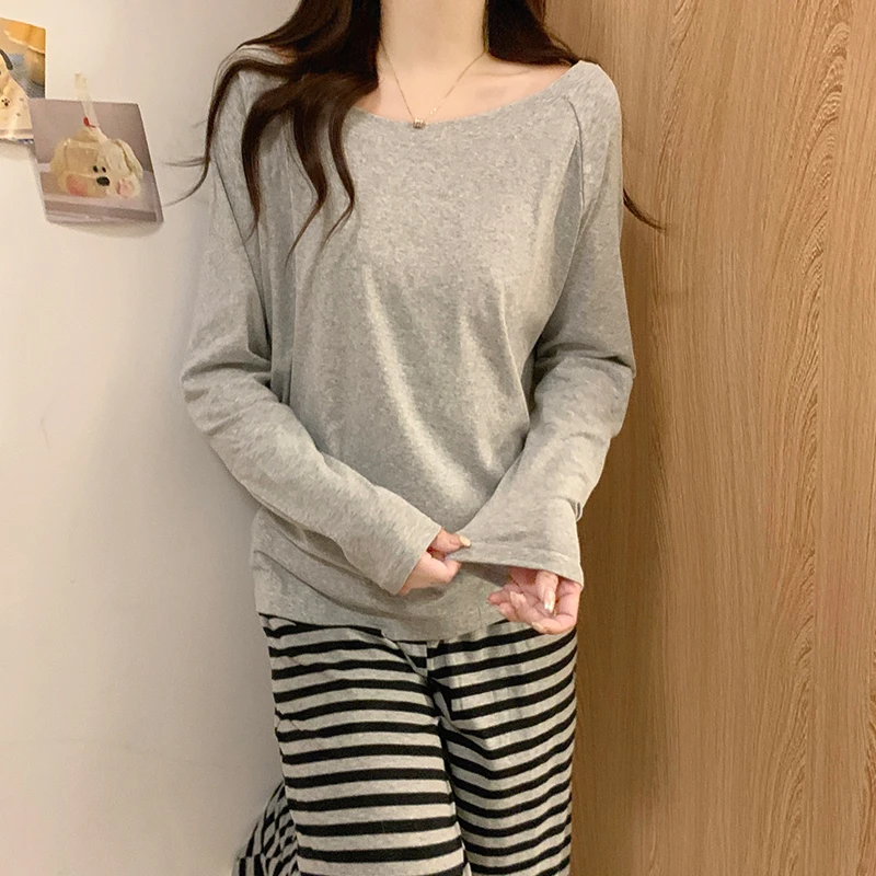 长袖睡衣女款春秋季休闲宽松夏天慵懒风女士甜美中灰条纹圆领套装