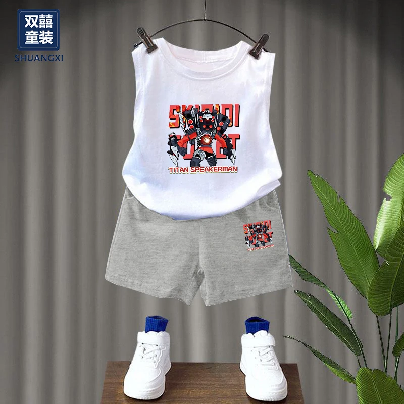 男童纯棉无袖套装外穿夏季泰坦监控人印花套装中小童卡通背心短裤
