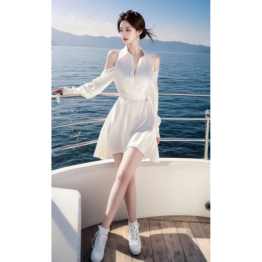 2025新款今年流行爆款衬衫短裙多巴胺掐腰气质白色露肩连衣裙女春