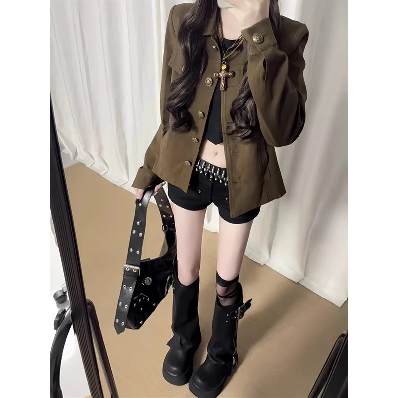 棕色夹克外套女短款2025年秋季新款工装复古高级感小个子气质上衣