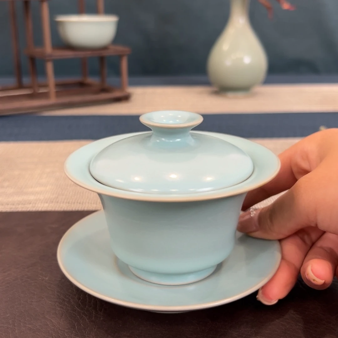 摆件仿古天青偏蓝马蹄盖碗