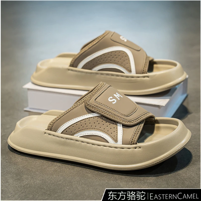 东方骆驼男士拖鞋夏季新款外穿轻便魔术贴开车一字拖户外软底