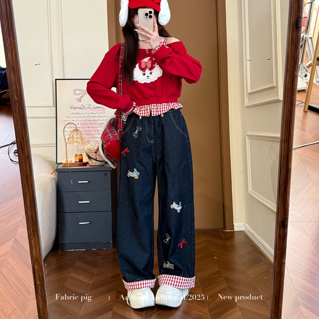 草莓小狗 织物猪原创 甜美风拼接假两件卫衣女早秋红色露肩长袖