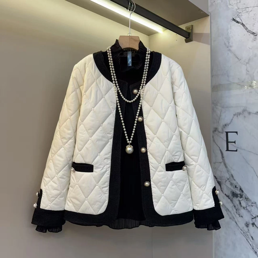 2025秋冬韩版洋气小香风拼接珍珠时尚薄显瘦名媛风棉服外套23028