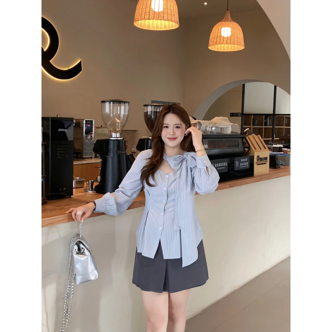现货8031D大婉酱千千微胖定制 韩系气质条纹衬衫绑带蝴蝶结上衣女