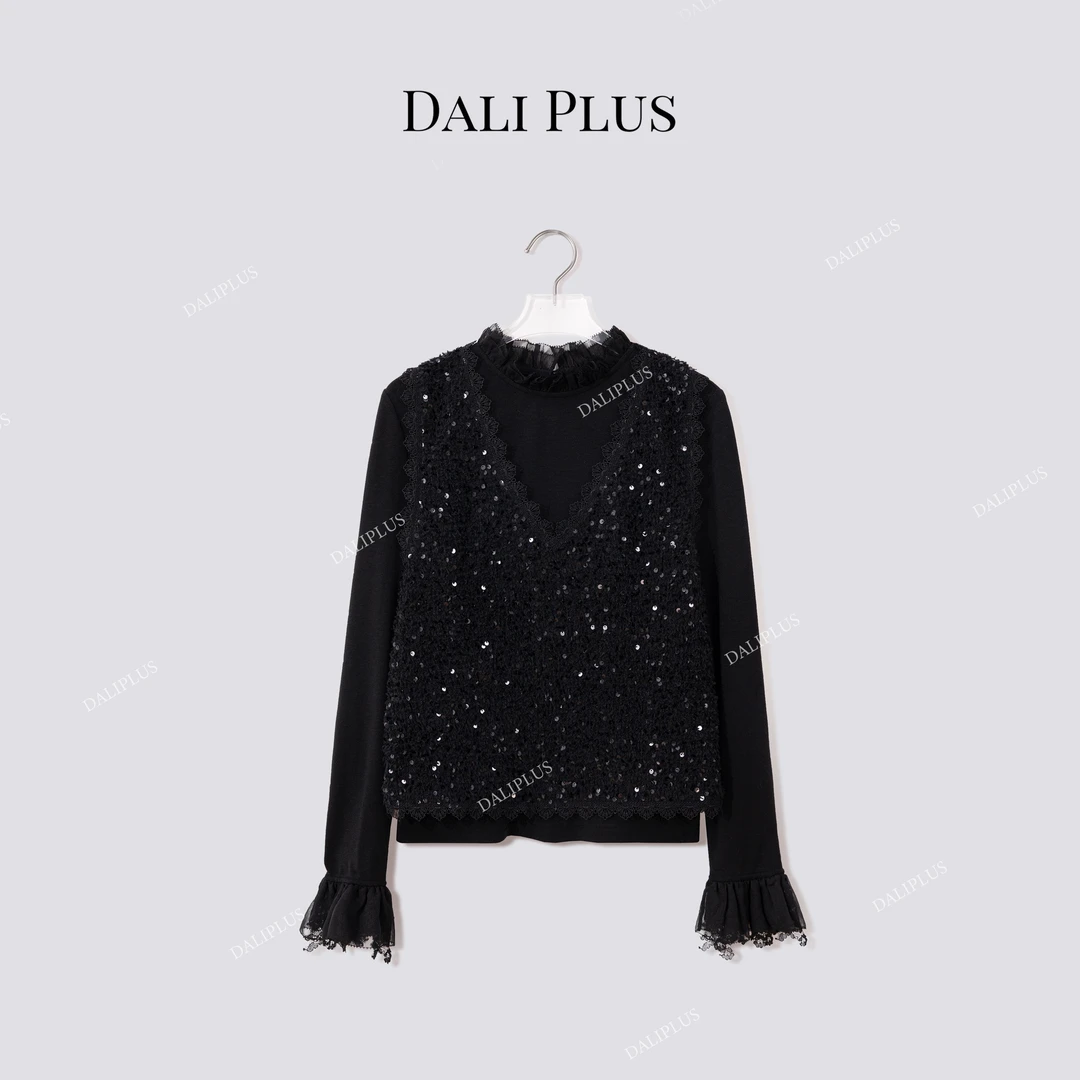 DALI PLUS“加绒蕾丝绒上衣”莱赛尔羊毛木耳花边针织衫-D5ST1598