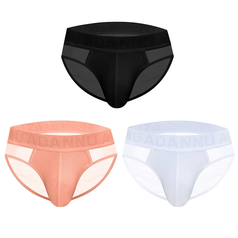 新款透明网纱浮雕纹腰带男士三角裤运动舒适低腰纯棉裆部欧美健身