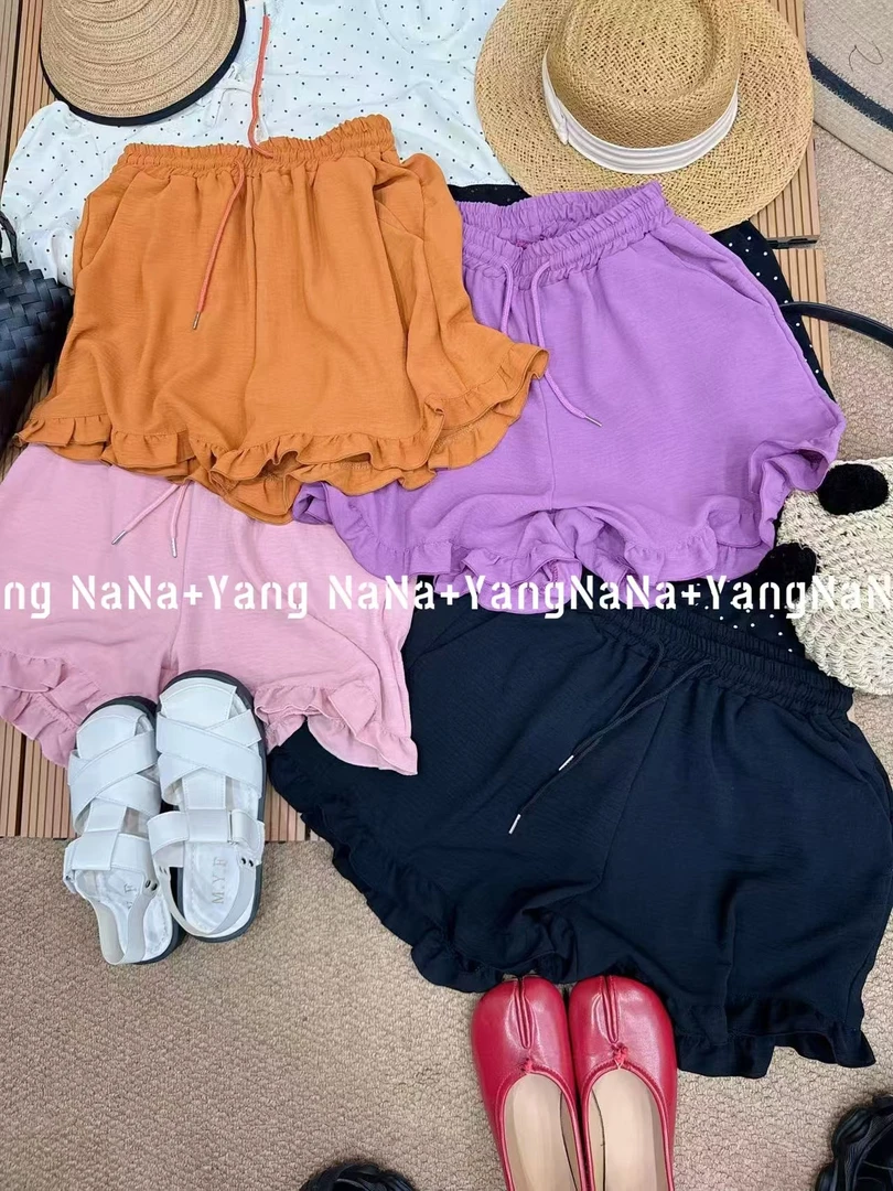 【扇扇风解锁夏日凉感穿搭】百搭时尚木耳花边天丝夏季棉麻短裤热裤