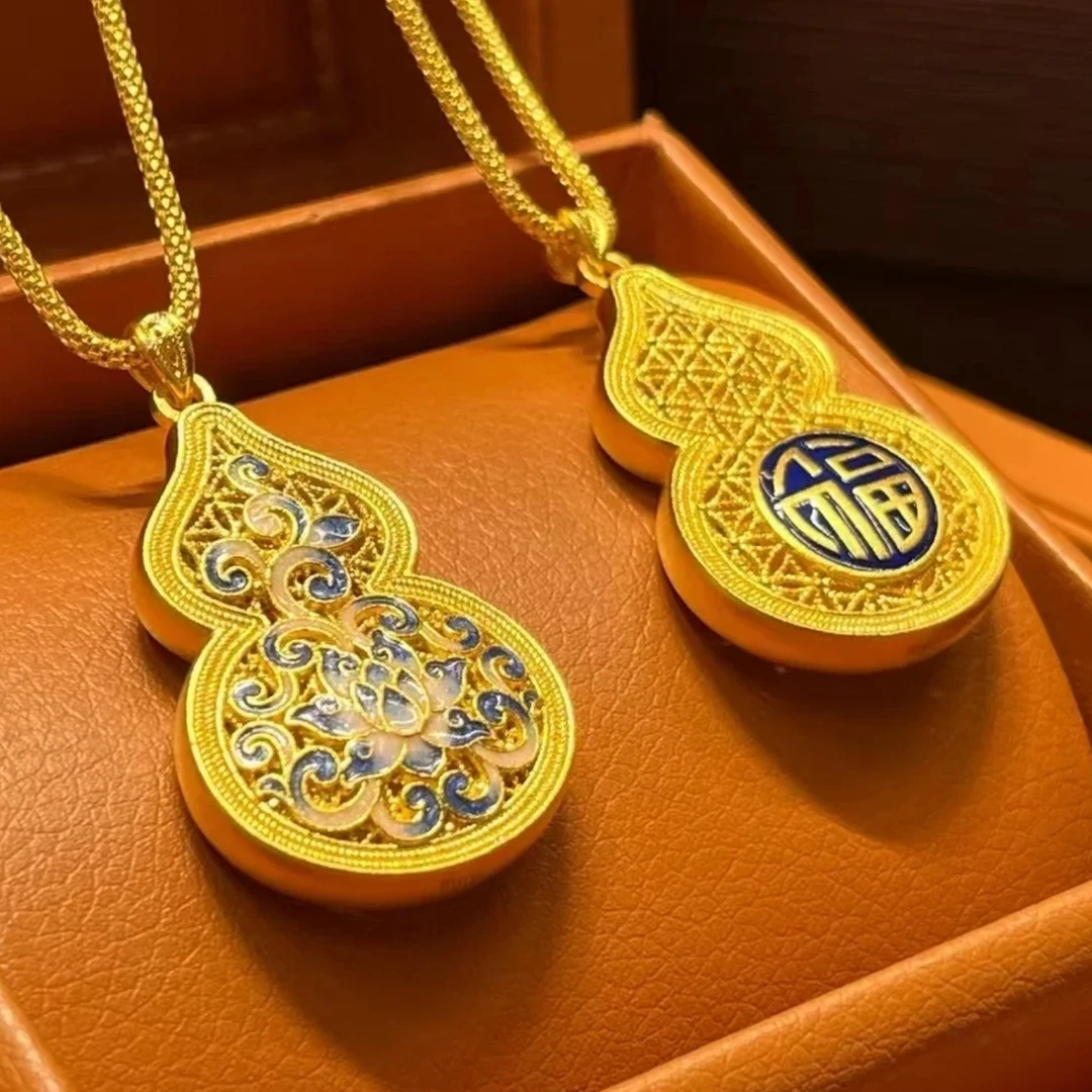 铜合金项链 新中式古法吊坠青花瓷花丝葫芦项链轻奢女款