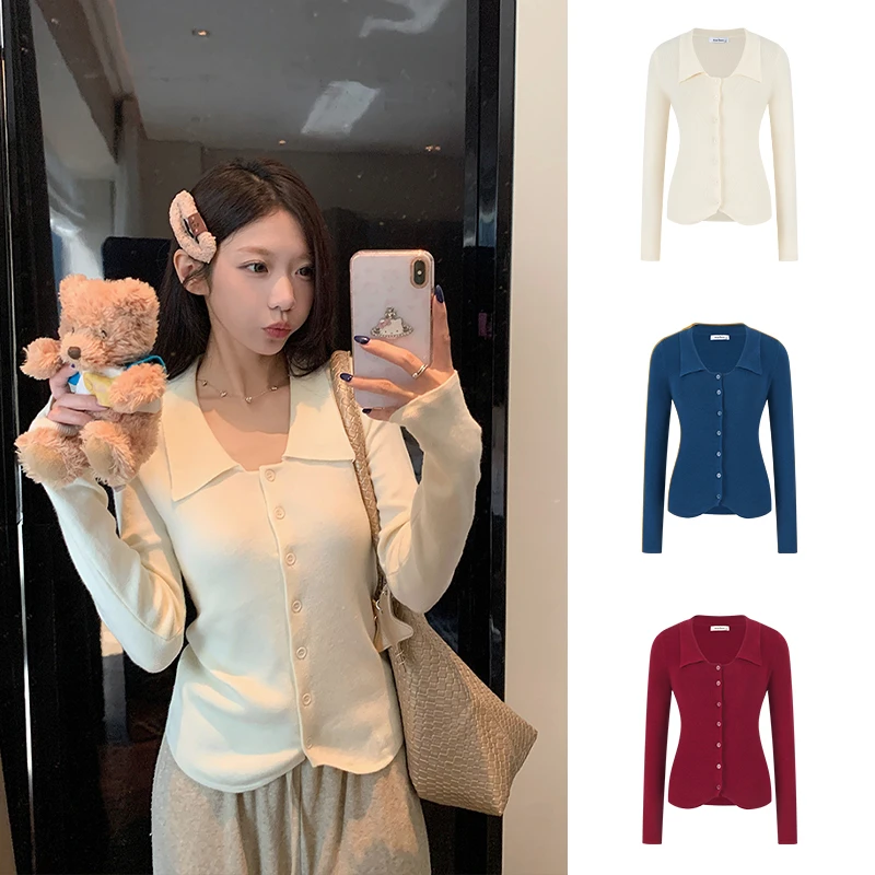 法式博主polo翻领开叉飞飞短袖针织开衫女夏修身洋气小众小衫上衣