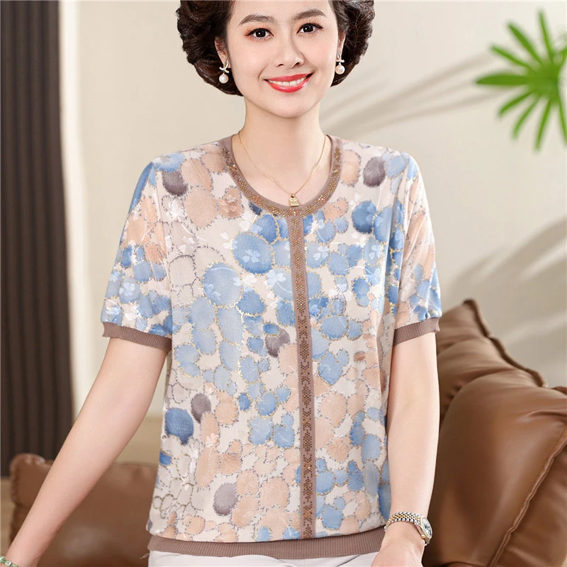 妈妈夏装宽松短袖T恤2025新款中老年女时尚圆领冰丝小衫洋气汗衫