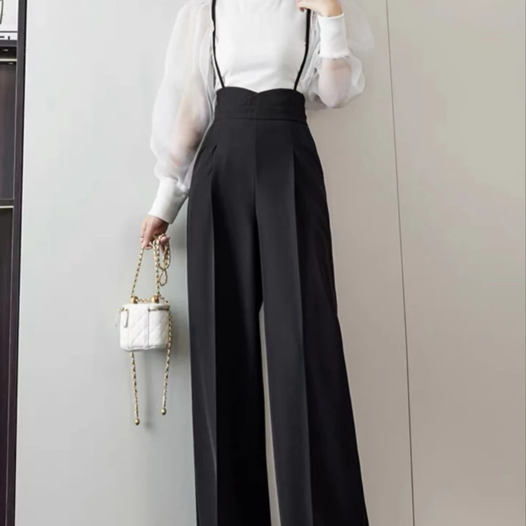 背带裤高腰休闲裤高腰收腹阔腿裤夏季黑色气质度假风