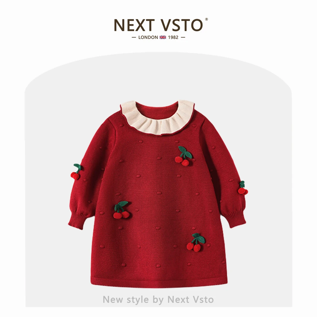 英国NEXT VSTO女童樱桃针织毛衣裙春秋新款洋气小女孩生日连衣裙