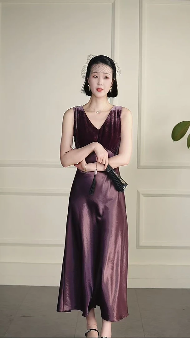 GW春夏拼接优雅气质高级感v领背心吊带连衣裙MU119