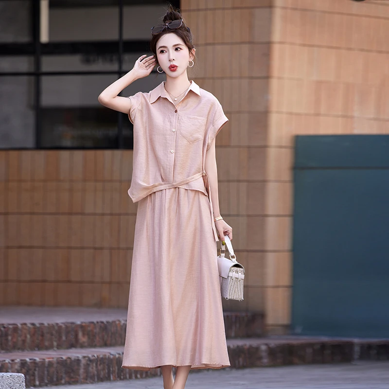 天丝亚麻短袖套装女夏2025新款高级感休闲宽松时尚衬衫裙子两件套