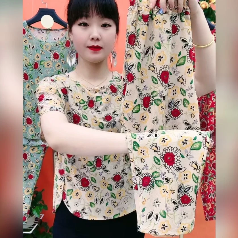 妈妈装夏季短袖两件套2025新款冰丝薄款裤套装宽松洋气遮肚子显瘦