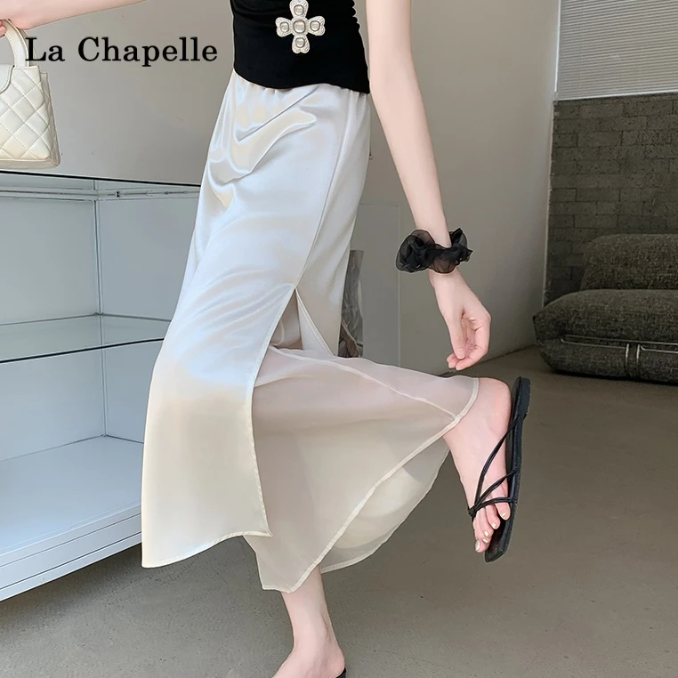 拉夏贝尔醋酸缎面网纱拼接半身裙女夏小众时尚薄款高腰气质A字裙
