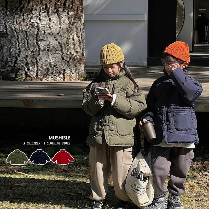 阿又男童冬季纯色翻领羽绒服个性儿童复古保暖83319D