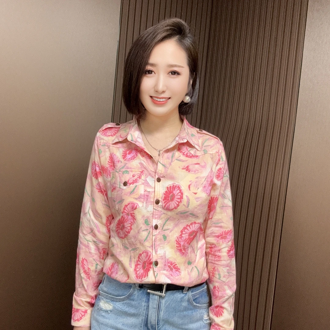设计感小众粉色polo领长袖碎花衬衫Y9030