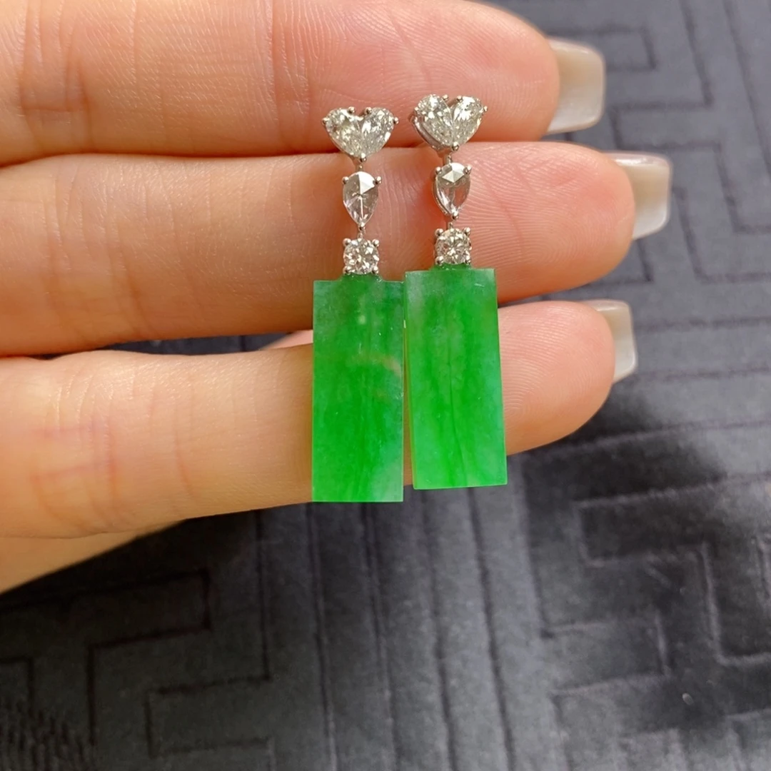 翡翠18K金镶嵌耳饰金丝绿绿条子耳钉