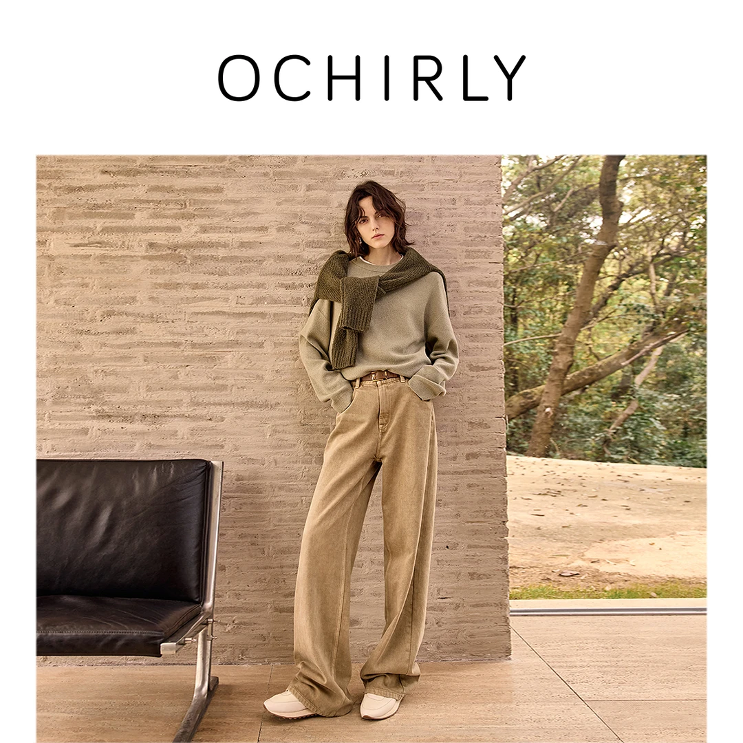OCHIRLY欧时力纯棉直筒牛仔长裤阔腿宽松显瘦新商场同款度假