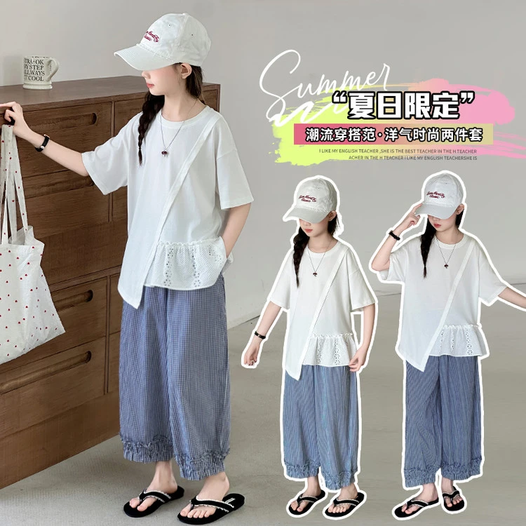 女童不规则休闲T九分裤套装夏季新款适合6 - 12岁中大童
