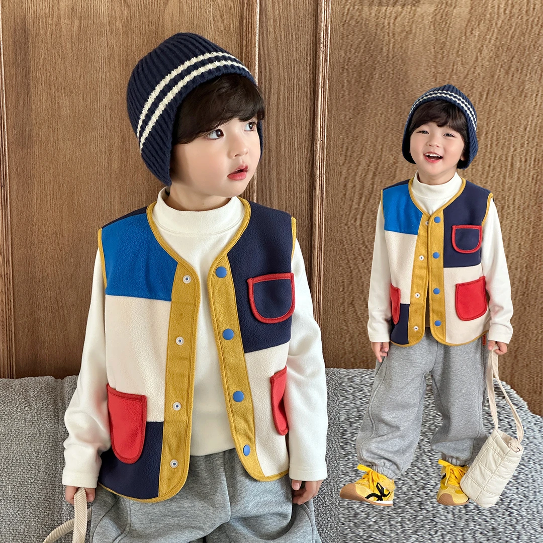 男童彩色拼色马甲2025秋季新款儿童摇粒绒保暖背心坎肩3506