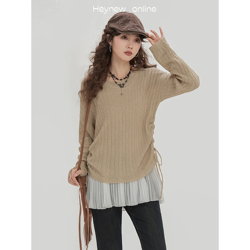 LOVEHEYNEW咖色小众抽褶显瘦针织衫内搭背心裙两件套上衣-5C065