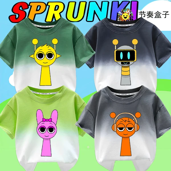 Sprunki节奏盒子渐变色纯棉短袖T桖童装潮牌联名周边2025年夏装