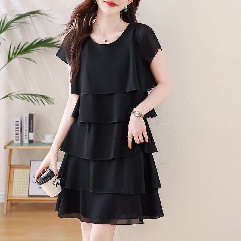 大码女装遮肚显瘦蛋糕裙2025夏新款时尚设计感显瘦气质雪纺连衣裙