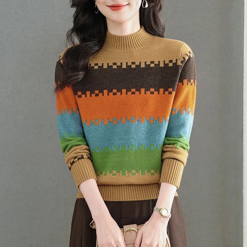 冬季新款撞色提花保暖长袖中老年时尚百搭洋气过冬加厚打底毛衣女