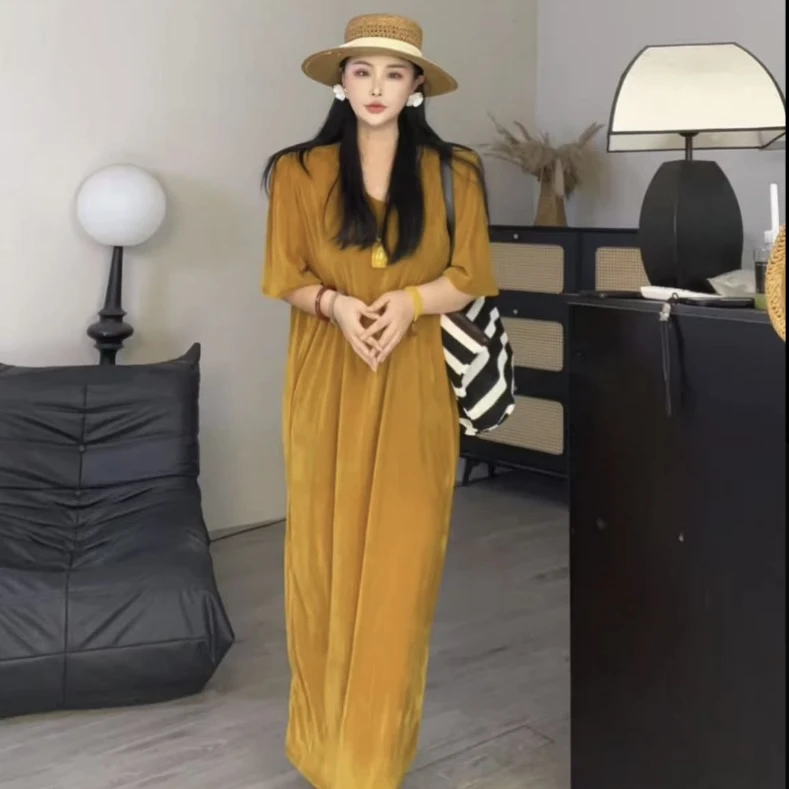 【 兆杰商贸】韩系丝绒V领垫肩宽松显瘦长款气质百搭休闲连衣裙