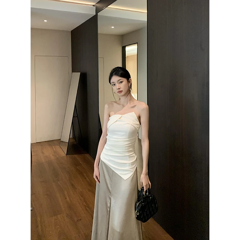 再見小唯 夏季新款气质休闲不规则一字肩上衣缎面光泽感半身裙