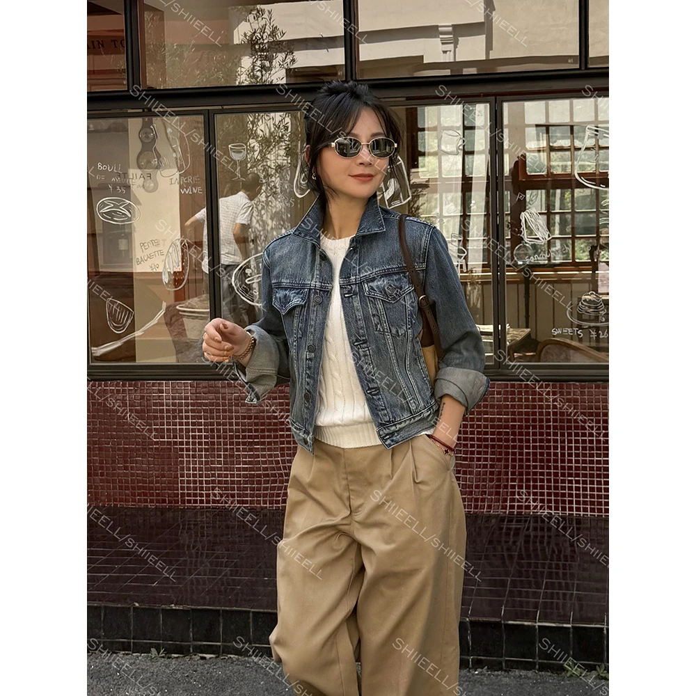 SHIIEELL美式复古精梳棉牛仔上衣正肩短款洗水蓝牛仔外套Z8010