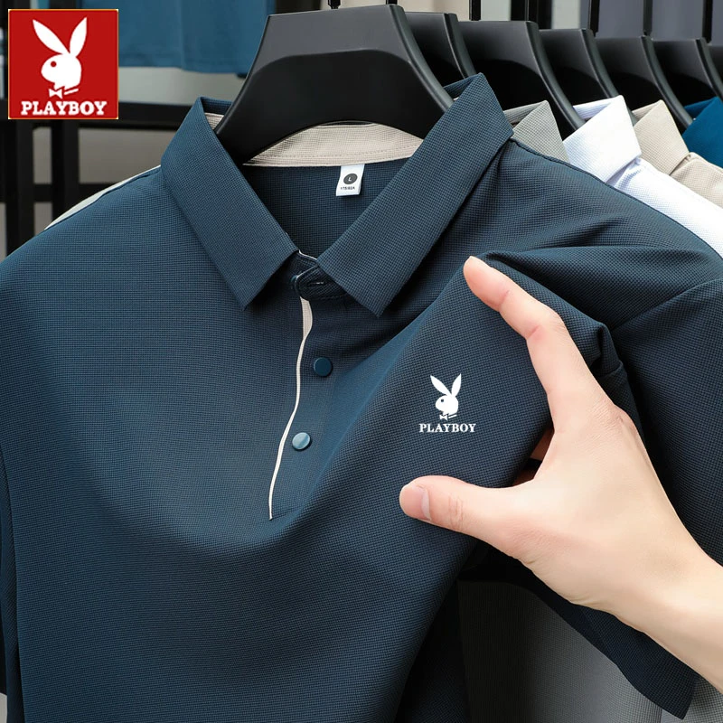花花公子夏季冰丝垂感翻领Polo衫短袖男青年商务休闲高级感半袖衫