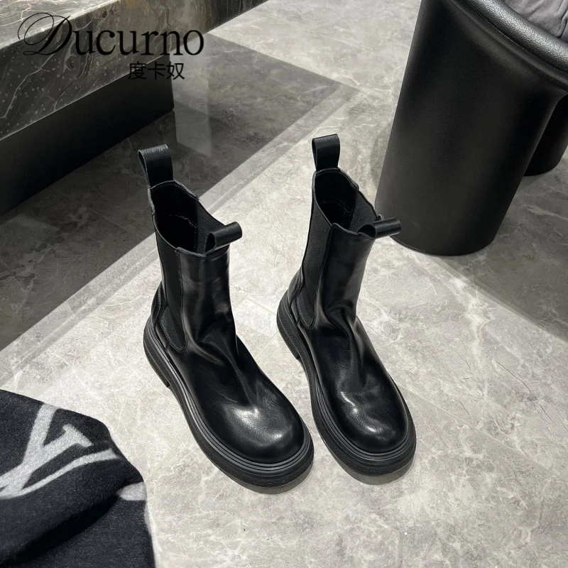 牛皮版~真皮覆古厚底英伦风切尔西靴短靴女中筒褶皱烟筒靴马丁靴