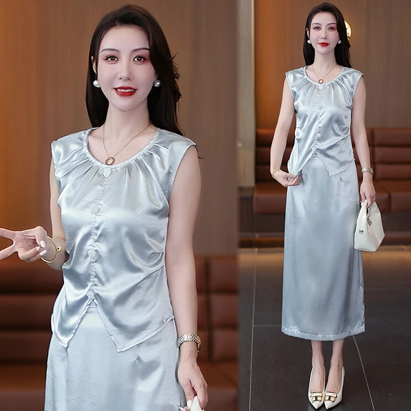 2025新款时尚套装女设计感褶皱扭结无袖上衣高腰半身裙宽松两件套