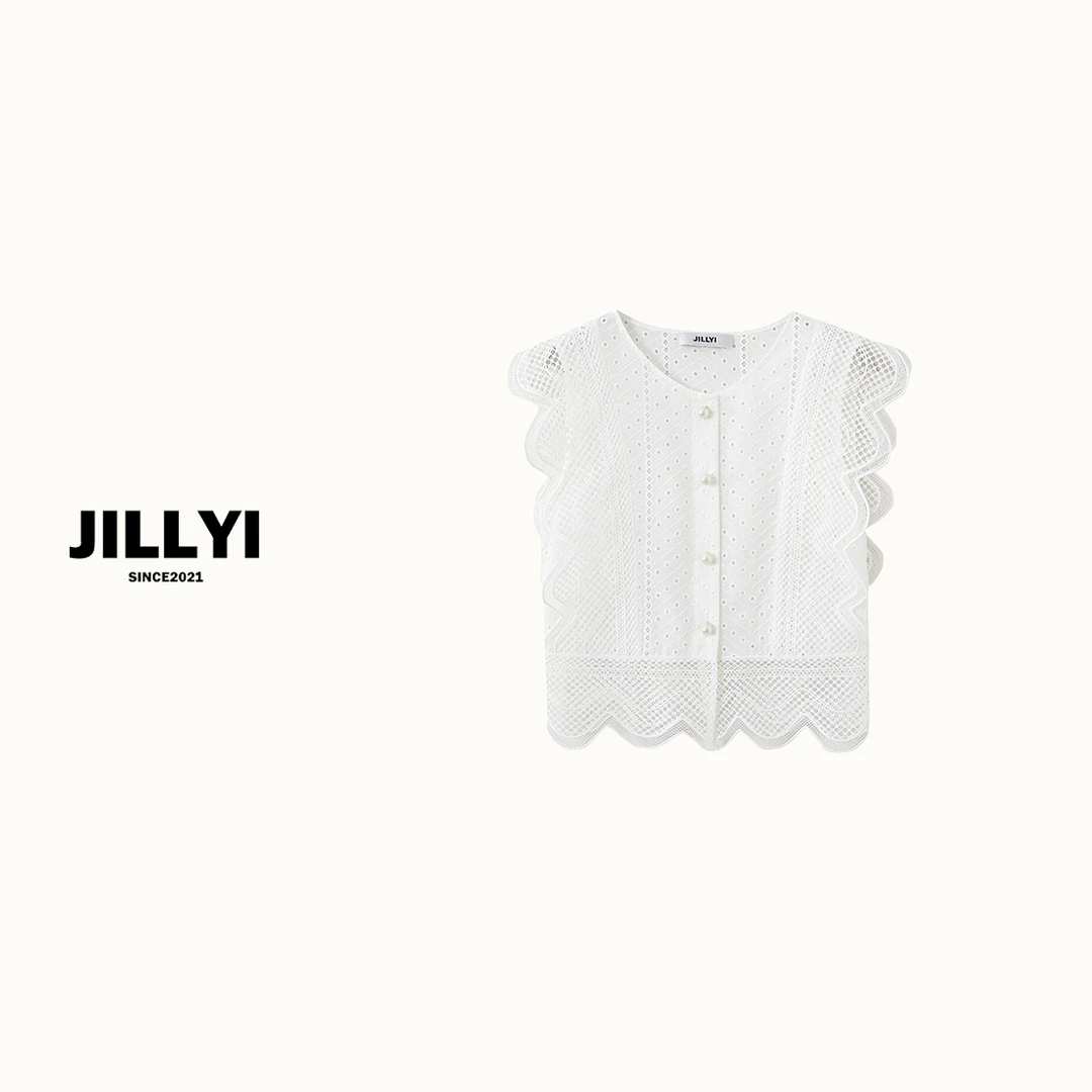 jillyi【奶油布蕾】白色圆领镂空工艺时尚T恤夏季透气纯色百搭