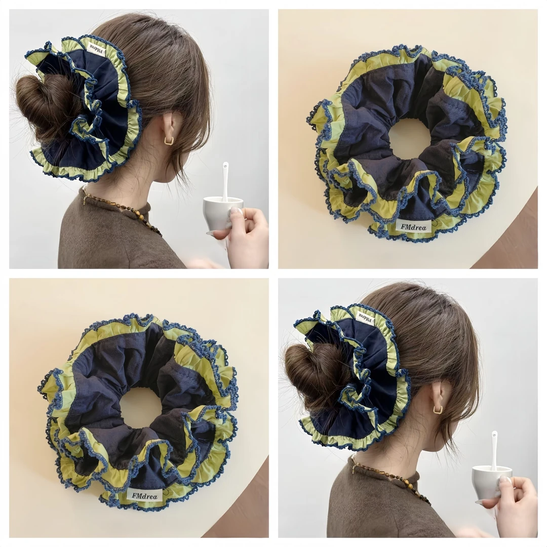 藏青色蕾丝花边双层大肠发圈女韩系扎头发丸子头花苞头饰丸子头