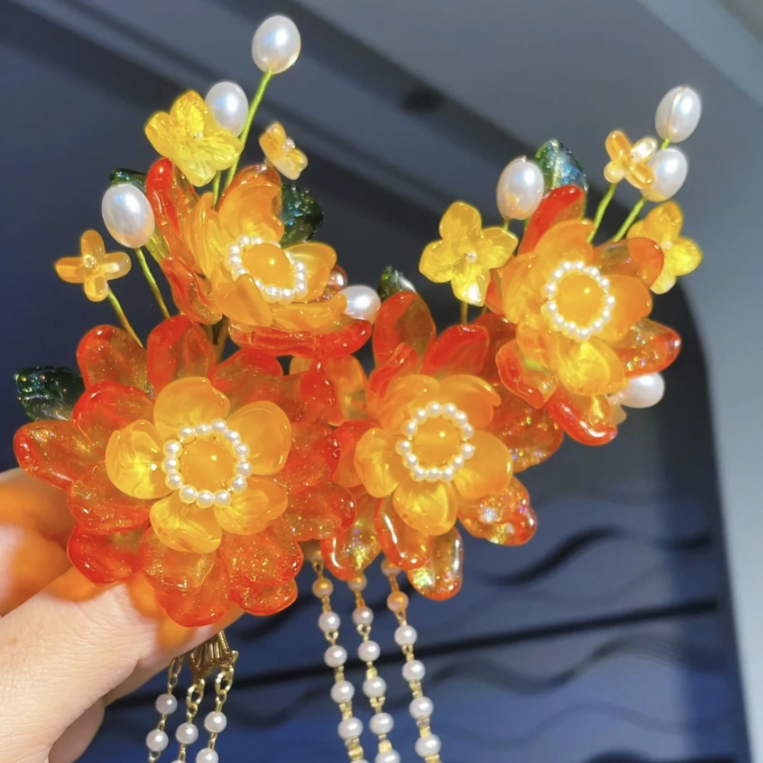 橘色琉璃发饰发夹头饰古风饰品原创设计款式流苏步摇簪子发冠盘发