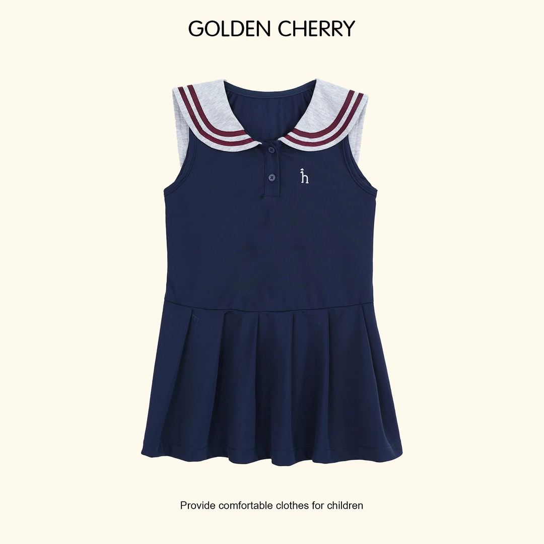 【Golden cherry】小童藏青色h小标双层横杠洋气百搭连衣裙32537